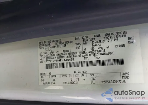 2015 Ford Transit-150 z USA, uszkodzony, nr VIN 1FTNE2YM9FKA40438